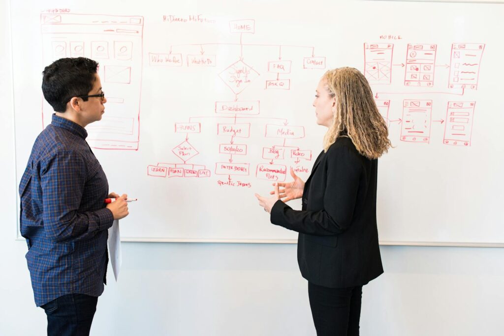 25 Unique Marketing Ideas for Small Business to Boost Growth 4 Two professionals brainstorming digital marketing ideas on a whiteboard.