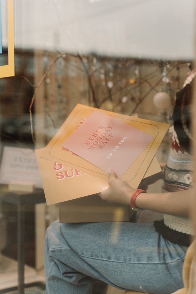 Is It the End of Print Ads? | An Important Message About Advertising 4 Person holding sale posters indoors, showcasing Cyber Monday and seasonal offers.