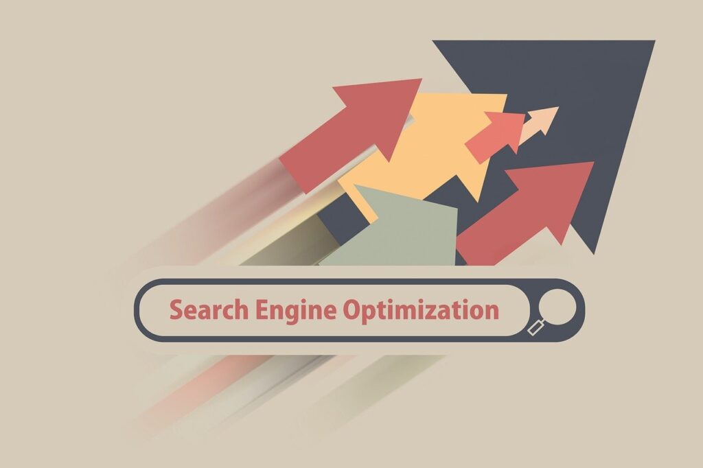 search engine optimization, seo, keywords, ranking, traffic, algorithm, backlinks, content, on-page, off-page, technical seo, search bar, arrows, optimization, indexing, crawling, serp, meta description, title tag, organic search